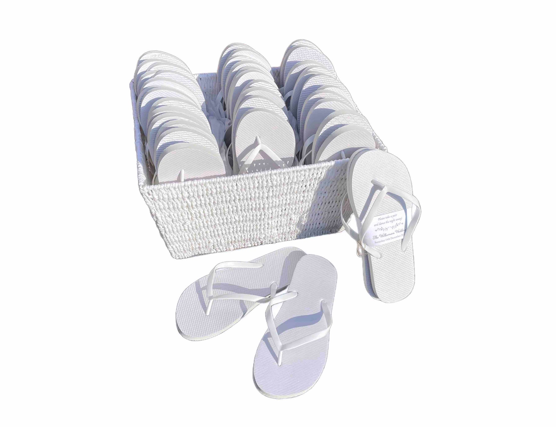 Personalised Wedding Flip Flops 20-100 Pairs | Basket Included | White Flip Flops Bulk | Wholesale Wedding Guest Shoes One Size Fits All