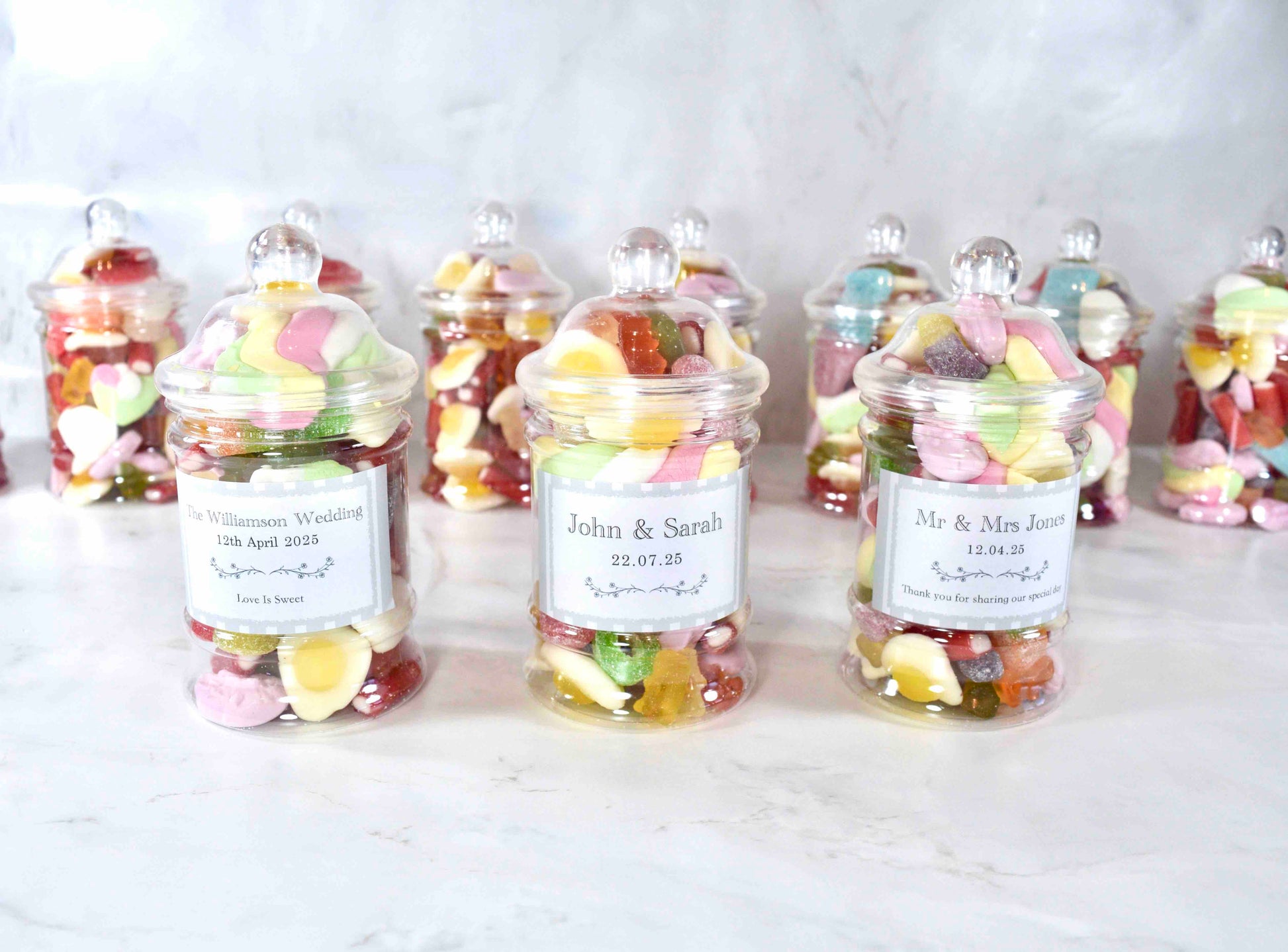 Personalised Wedding Favour Sweet Jars with Sweets Included - Wedding Guest Goodie Bag Fillers - Bulk Wholesale Wedding Confectionary Candy