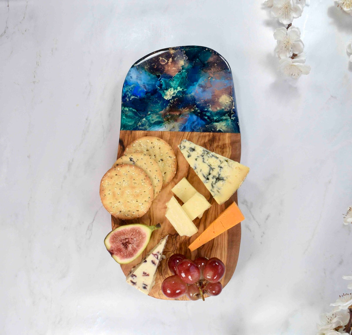 Rounded Rustic Olive Wood Cutting Board 30cm - blue gold bronze kitchen decor - cheese lover gift ideas - Kate Chesters Art - charcuterie tapas serving board