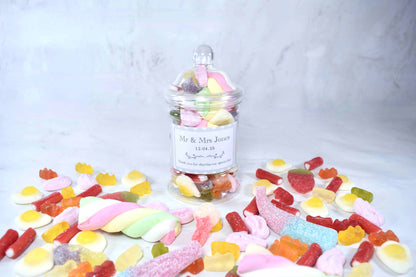 Personalised Wedding Favour Sweet Jars with Sweets Included - Wedding Guest Goodie Bag Fillers - Bulk Wholesale Wedding Confectionary Candy