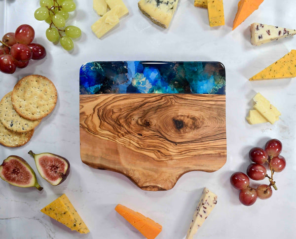 Blue Gold Cheese Board Olive Wood - 5th Wedding Anniversary Gift Ideas