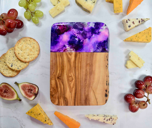 Olive Wood Cutting Board with Purple Resin Art