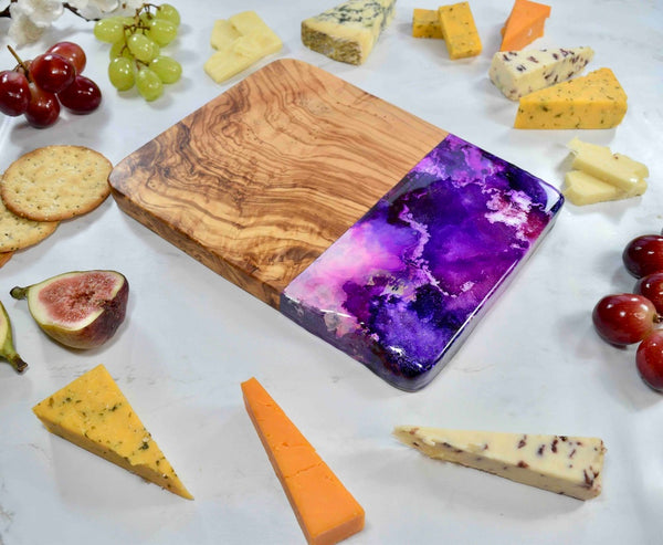 Olive Wood Cutting Board with Purple Resin Art