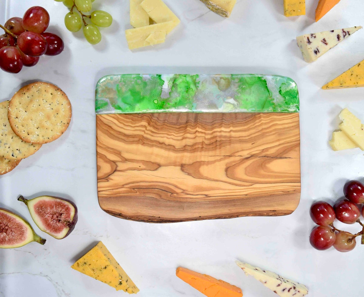 Green Silver Cheese Board - Olive Wood Chopping Board - Unique Gift for Grandmother - Foodie Birthday Gift Ideas