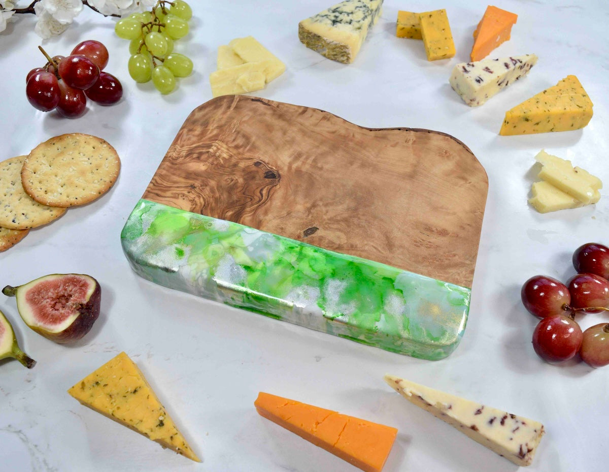 Green Silver Cheese Board - Olive Wood Chopping Board - Unique Gift for Grandmother - Foodie Birthday Gift Ideas