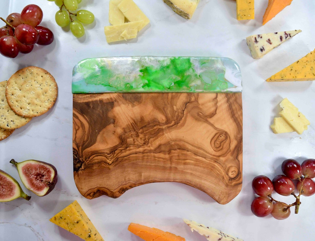 Green Silver Cheese Board - Olive Wood Chopping Board - Unique Gift for Grandmother - Foodie Birthday Gift Ideas