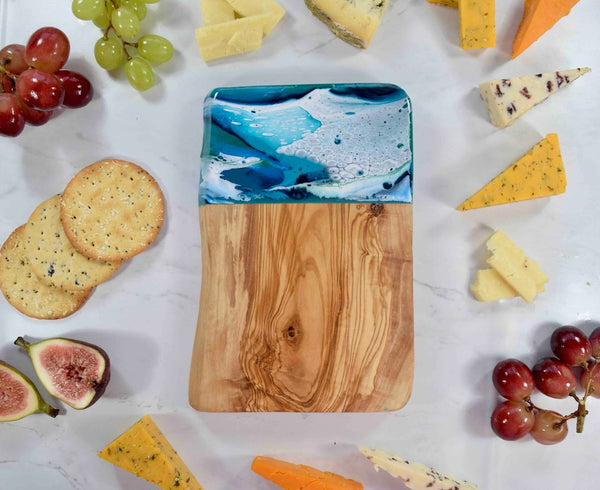 Rustic Olive Wood Board with Blue Green Abstract Art 20cm - Christmas Cheese Board Gift Ideas