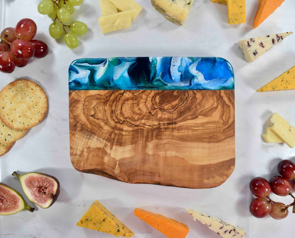 Olive Wood Board with Blue Green Resin Art 20cm - 5th Anniversary Gift