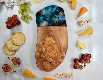 Rounded Rustic Olive Wood Cutting Board 30cm - blue gold bronze kitchen decor - cheese lover gift ideas - Kate Chesters Art - charcuterie tapas serving board