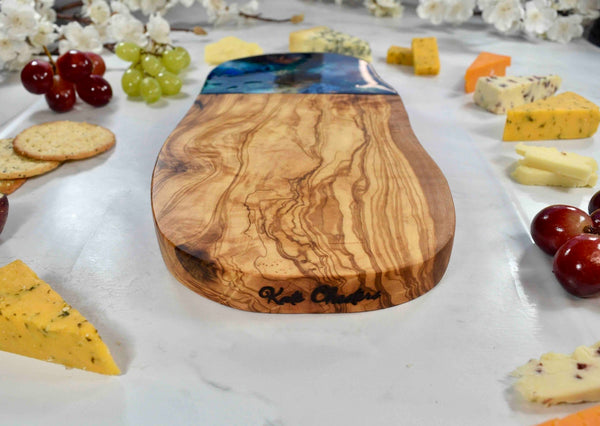 Rounded Rustic Olive Wood Cutting Board 30cm - blue gold bronze kitchen decor - cheese lover gift ideas - Kate Chesters Art - charcuterie tapas serving board
