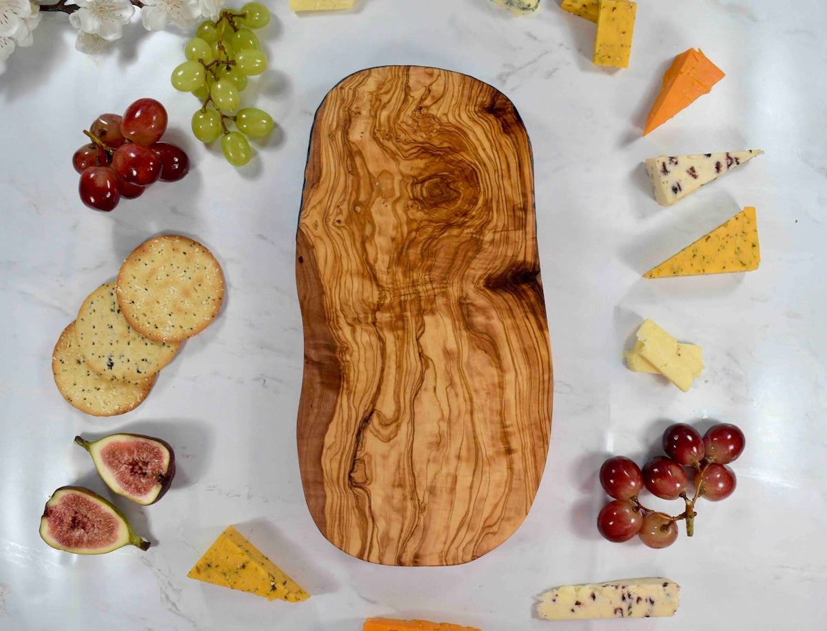 Rounded Rustic Olive Wood Cutting Board 30cm - blue gold bronze kitchen decor - cheese lover gift ideas - Kate Chesters Art - charcuterie tapas serving board