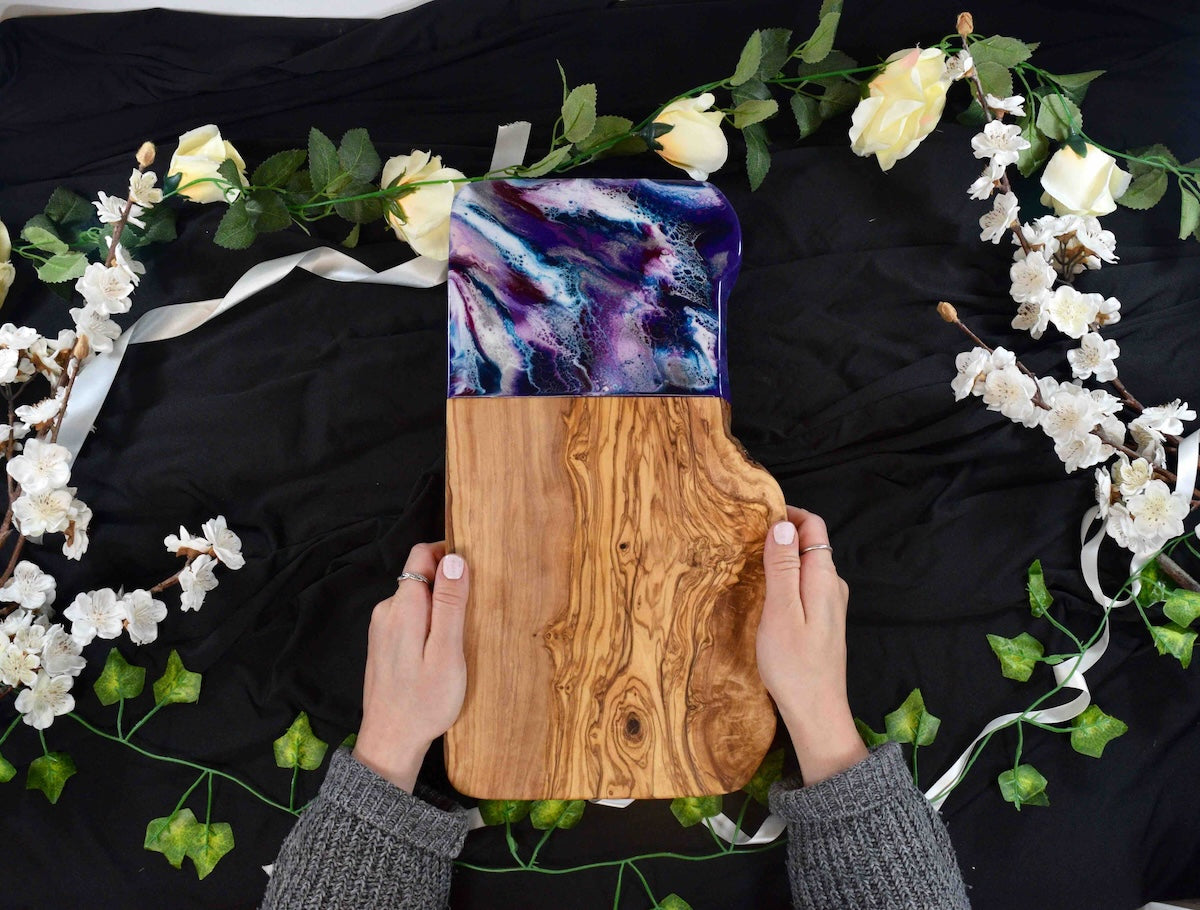Large Olive Wood Cutting Board with Purple Resin Art 40cm  - Made To Order 🌟