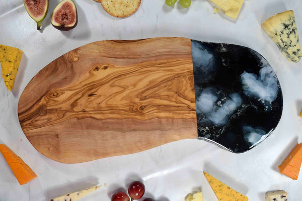 Olive Wood Board with Black Silver Resin Art - Unusual Birthday Gift Ideas - Foodie Present