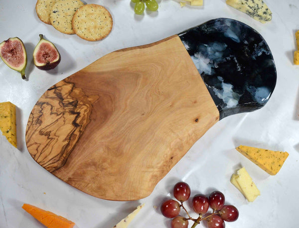 Olive Wood Board with Black Silver Resin Art - Unusual Birthday Gift Ideas - Foodie Present