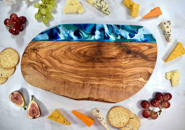 Large Rustic Olive Wood Board with Ocean Blue Resin Art 40cm