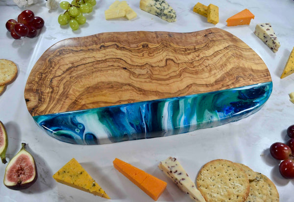Large Rustic Olive Wood Board with Ocean Blue Resin Art 40cm