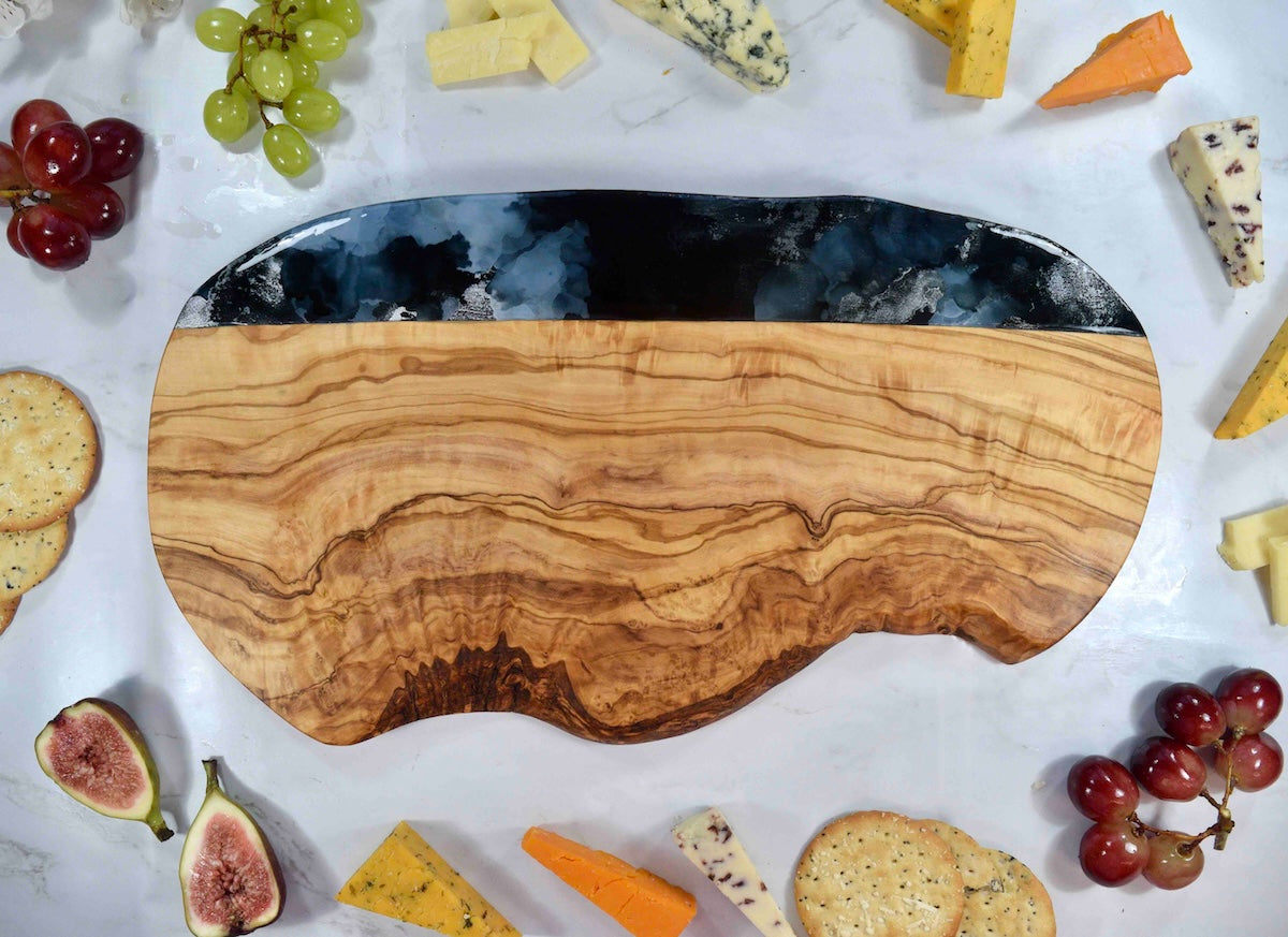 Black Resin Chopping Board - Olive Wood Cheese Board - Unique Housewarming Gift - New Home Present - Retirement Gift for Colleague