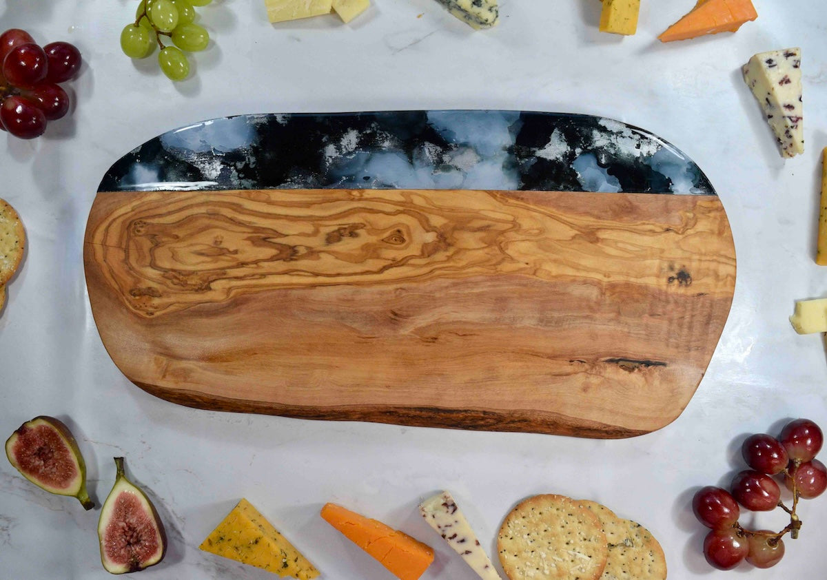 Black Resin Chopping Board - Olive Wood Cheese Board - Unique Housewarming Gift - New Home Present - Retirement Gift for Colleague