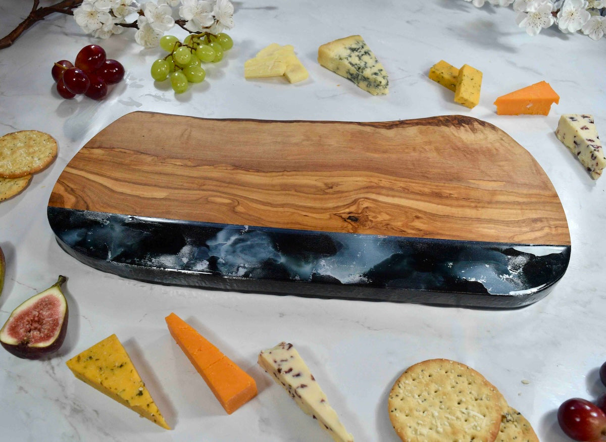 Black Resin Chopping Board - Olive Wood Cheese Board - Unique Housewarming Gift - New Home Present - Retirement Gift for Colleague