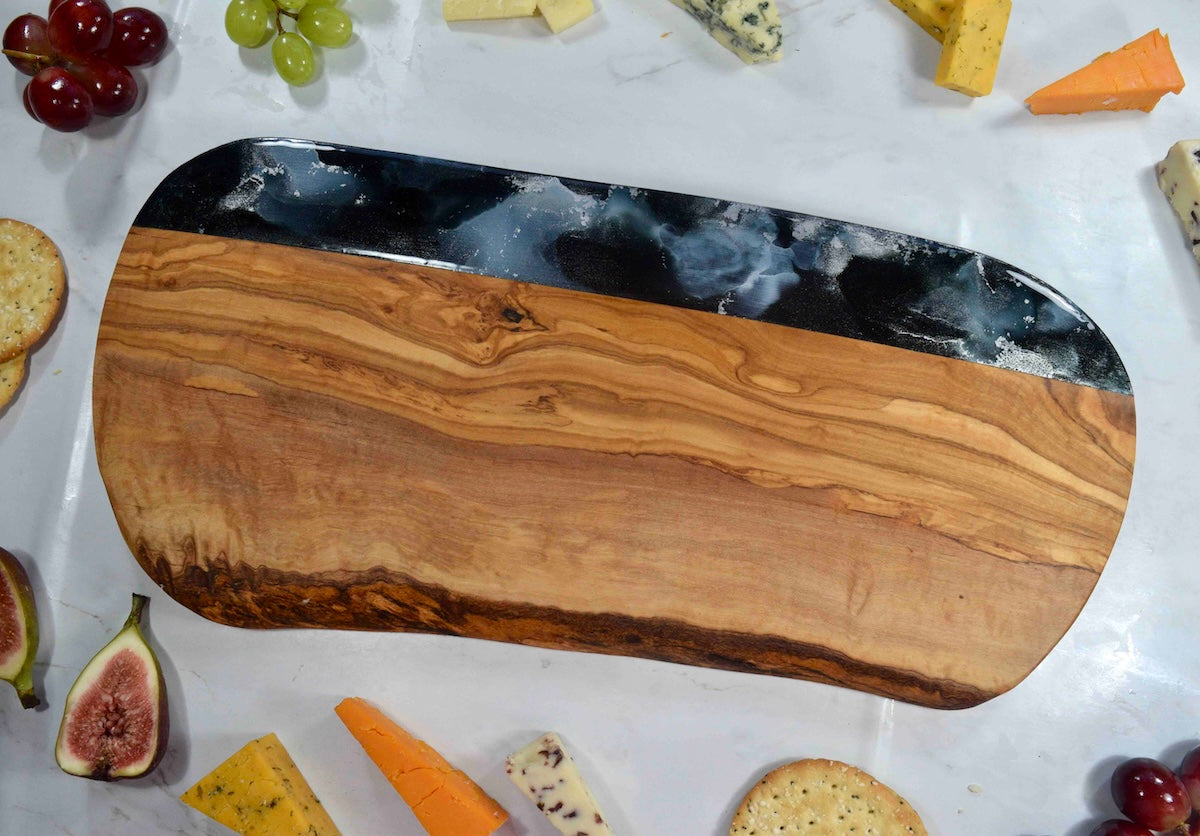 Black Resin Chopping Board - Olive Wood Cheese Board - Unique Housewarming Gift - New Home Present - Retirement Gift for Colleague