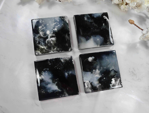 Drinks Coasters with Black White Silver Resin Art