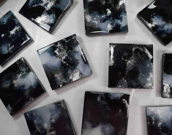Drinks Coasters with Black White Silver Resin Art