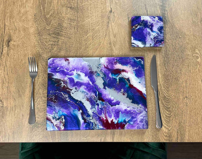 Purple Resin Art Placemats and Drinks Coasters - Heat Safe Table Mats - Scratch Resistant Dining Mats - Lilac Home Decor - Lavender Home Accents