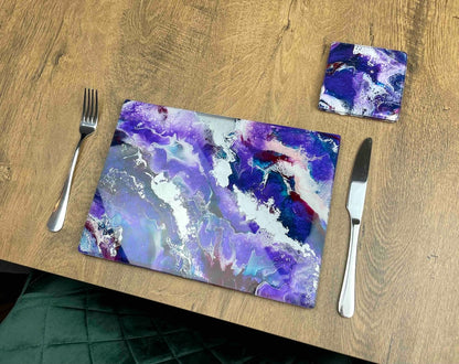 Purple Resin Art Placemats and Drinks Coasters - Heat Safe Table Mats - Scratch Resistant Dining Mats - Lilac Home Decor - Lavender Home Accents