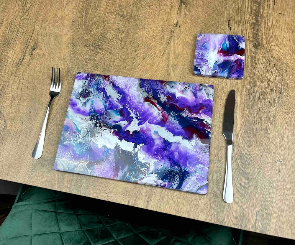 Purple Resin Art Placemats and Drinks Coasters - Heat Safe Table Mats - Scratch Resistant Dining Mats - Lilac Home Decor - Lavender Home Accents