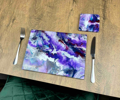 Purple Resin Art Placemats and Drinks Coasters - Heat Safe Table Mats - Scratch Resistant Dining Mats - Lilac Home Decor - Lavender Home Accents