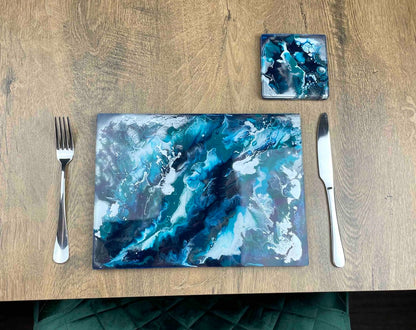 Blue Silver Placemat and Drinks Coaster Set - Heat Safe