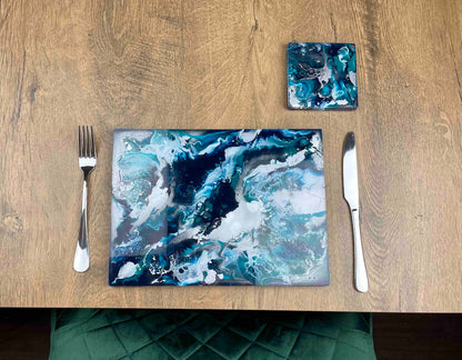 Blue Silver Placemat and Drinks Coaster Set - Heat Safe