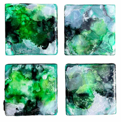 Green Black Silver Set of 4 Drinks Coasters - Resin Coasters - Gifts For Men - Dad Birthday Presents for Him