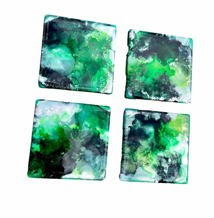 Green Black Silver Set of 4 Drinks Coasters - Resin Coasters - Gifts For Men - Dad Birthday Presents for Him