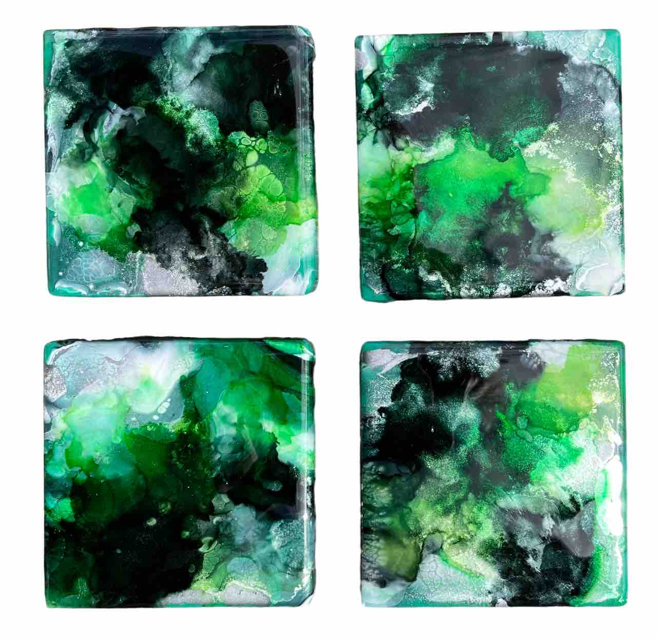 Green Black Silver Set of 4 Drinks Coasters - Resin Coasters - Gifts For Men - Dad Birthday Presents for Him