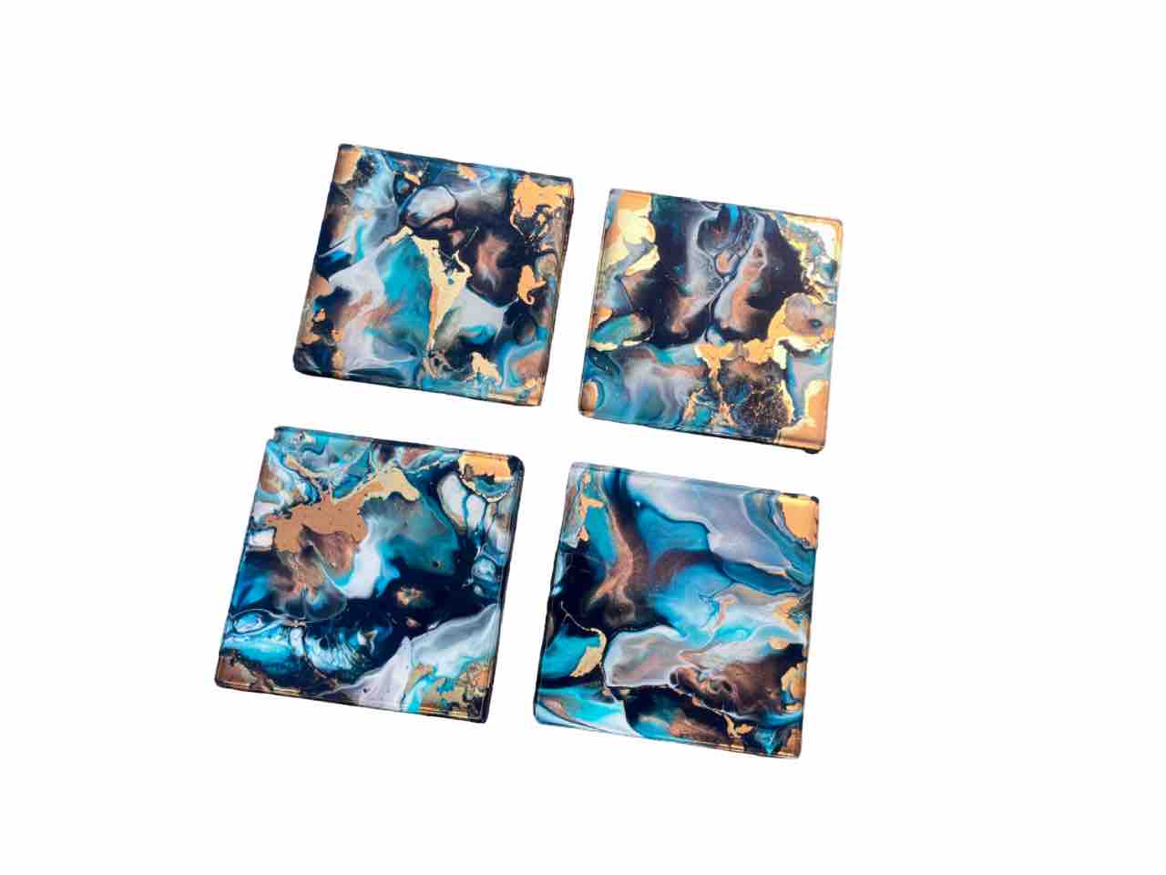 Blue Bronze Gold Abstract Art Set of 4 Drinks Coasters