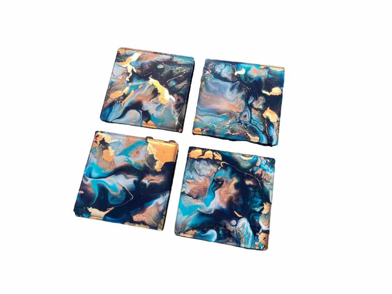 Blue Bronze Gold Abstract Art Set of 4 Drinks Coasters