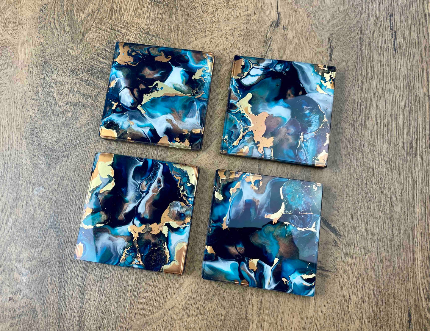 Blue Bronze Gold Abstract Art Set of 4 Drinks Coasters