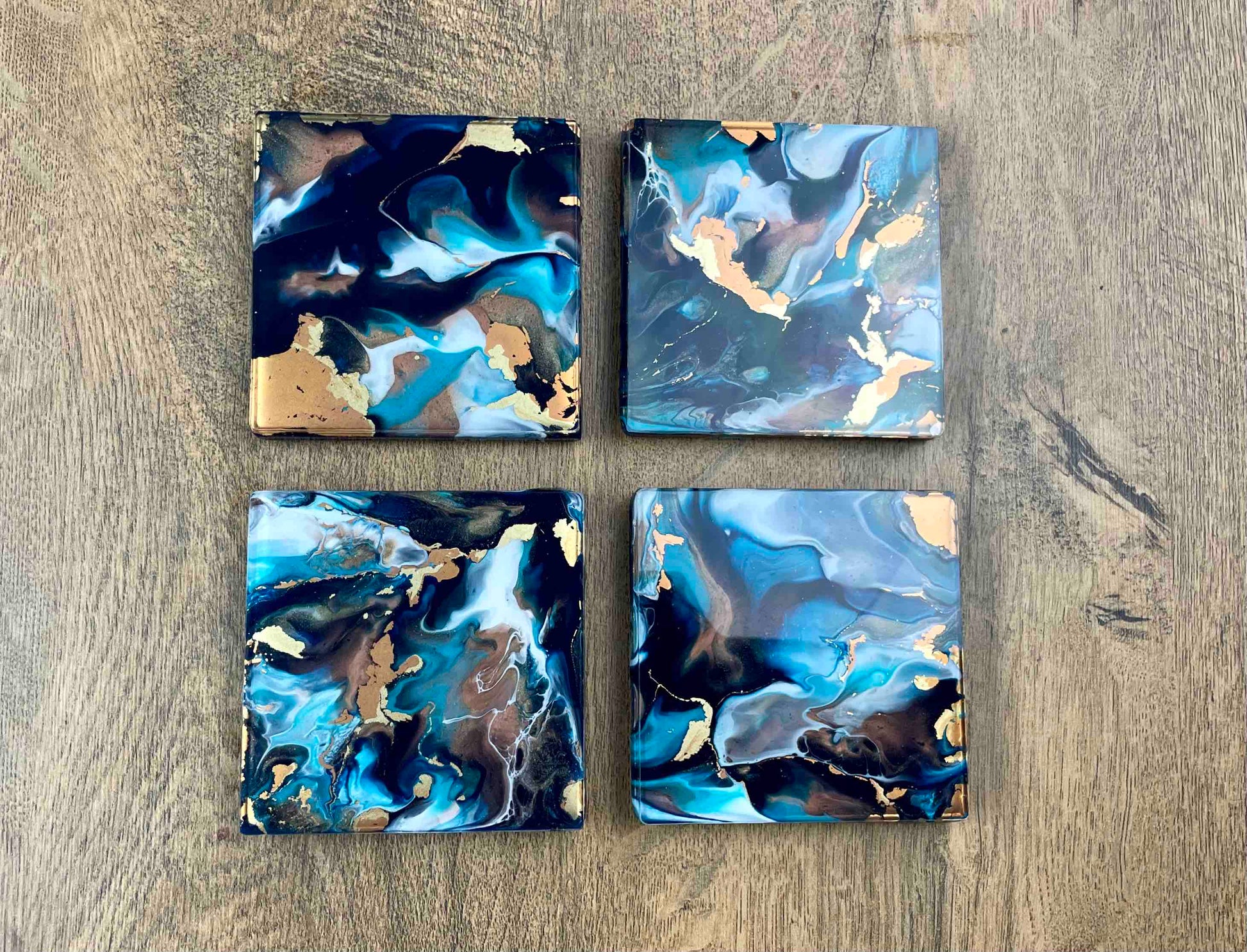 Blue Bronze Gold Abstract Art Set of 4 Drinks Coasters