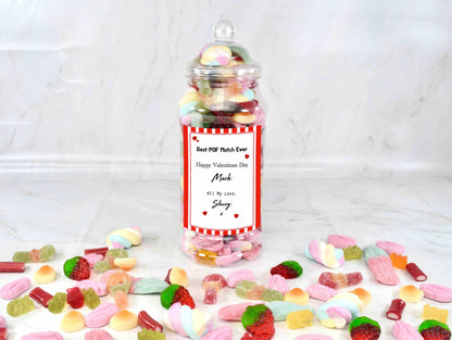 Personalised Valentines Sweet Jar with Sweets Included - Custom Message Pick n Mix Gift Jar - Boyfriend Gifts - Girlfriend Presents - 14th February Romantic Gifts - Valentines Gifts Under £15