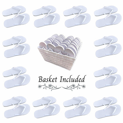 White Wedding Flip Flops Bulk | Wholesale Wedding Guest Shoes One Size Fits All | White Wicker Basket Included and Free Delivery | Wedding Must Haves | Flip Flop Box