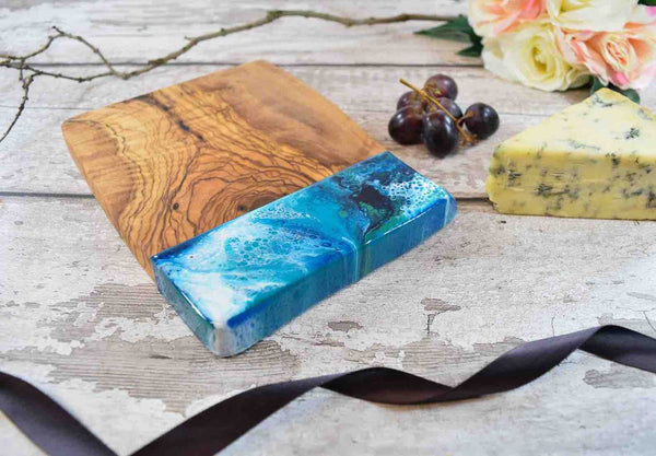 Rustic Olive Wood Board with Blue Green Abstract Art 20cm - Christmas Cheese Board Gift Ideas