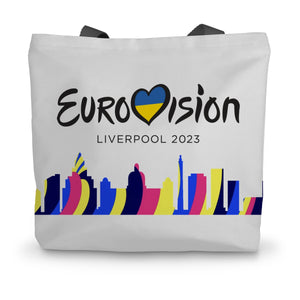 Eurovision Tote Bag - Liverpool 2023 Eurovision Shopper Bag - Lightweight Grocery Handbag - Eco Friendly Canvas Bag - United By Music - Liverpool Skyline