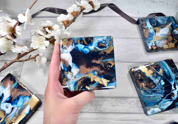 Blue Bronze Gold Abstract Art Drinks Coasters - Housewarming Gift Idea