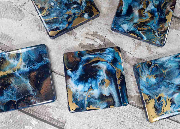 Blue Bronze Gold Abstract Art Drinks Coasters - Luxury Home Decor - Coastal Beach House - Housewarming Gift Idea