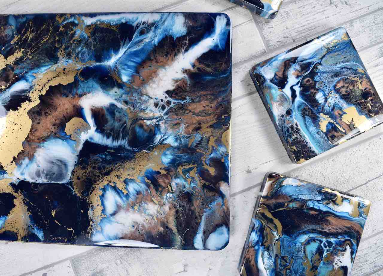 Blue Gold Bronze Resin Art Placemats Set - Luxury Table Mats and Coasters