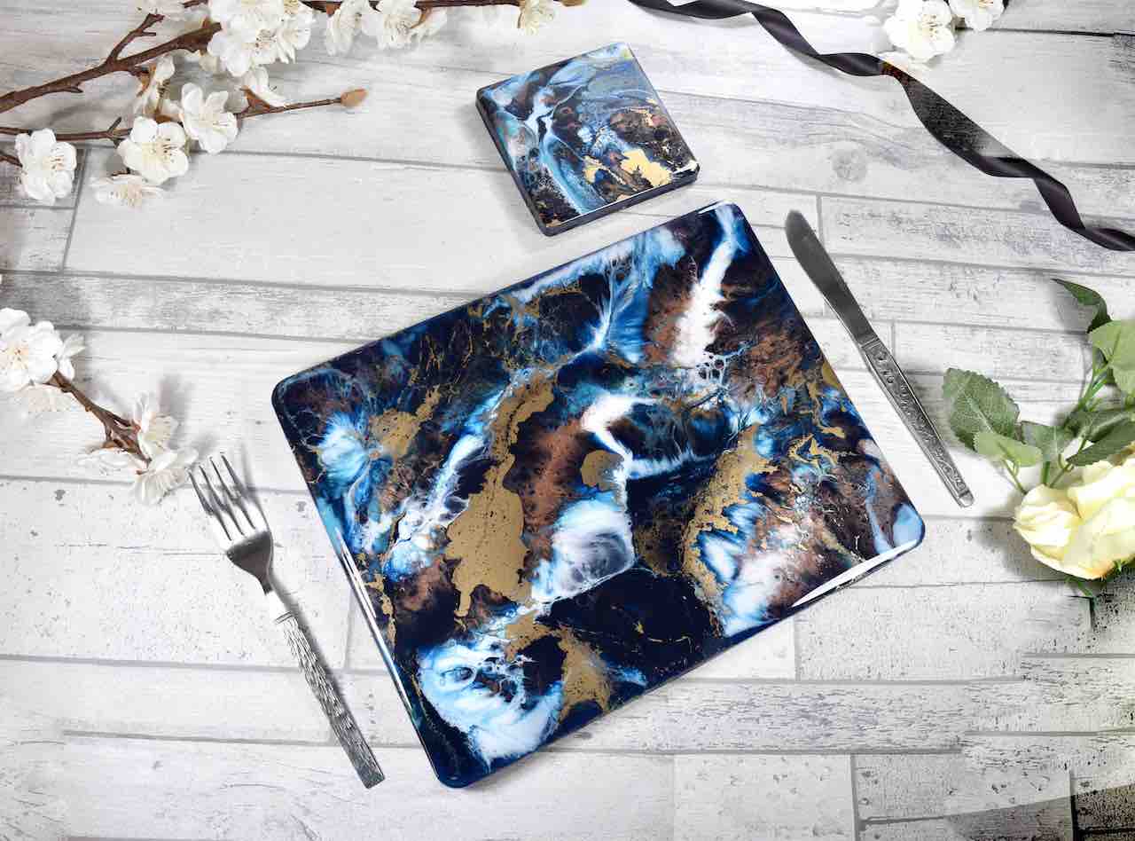 Blue Gold Bronze Resin Art Placemats Set - Luxury Table Mats and Coasters
