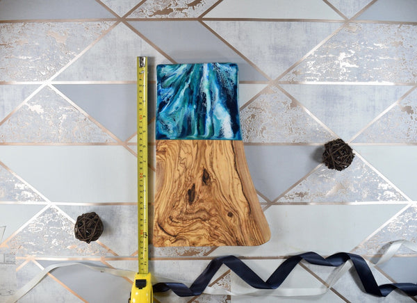 Rustic Olive Wood Cutting Board 30cm | Ocean Blue Green Resin Art 