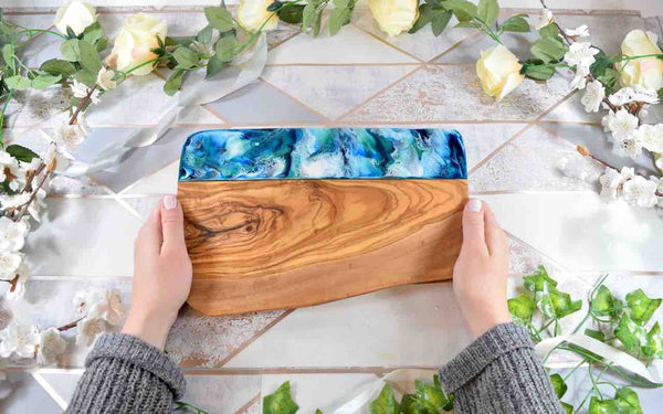 Cheese Board with Blue Green Resin Art  - 5th Wedding Anniversary Wood Gift