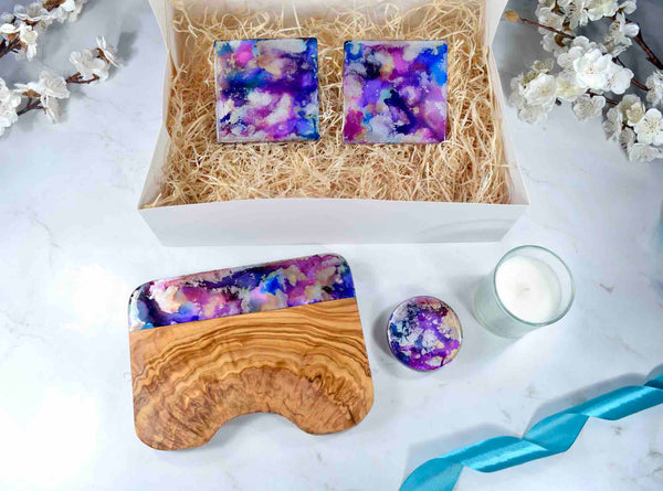 Bundle Gift Set Box - Hamper Present - Resin Cheese Board, Drinks Coasters, Linen Candle